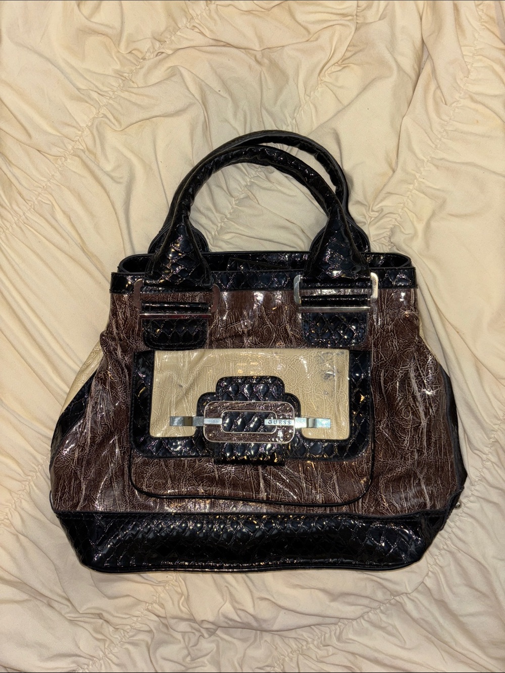 Vintage Y2K Guess Brown and Black Patent Satchel with Cream Accent